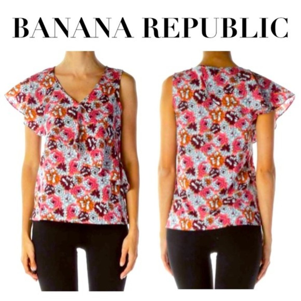 Banana Republic One Shoulder Ruffle Sleeve Floral Blouse Size Small